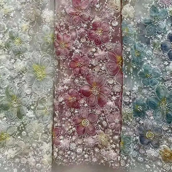 Payetler ve Boncuklu 3d Kurdele Çiçek Nakış Net Kumaş