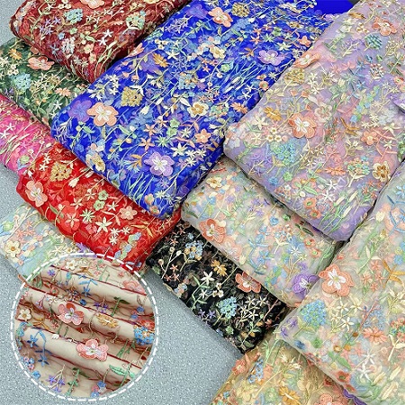 çiçek çok renkli 3D örgü nakış kumaş konfeksiyon elbise nakış kumaş