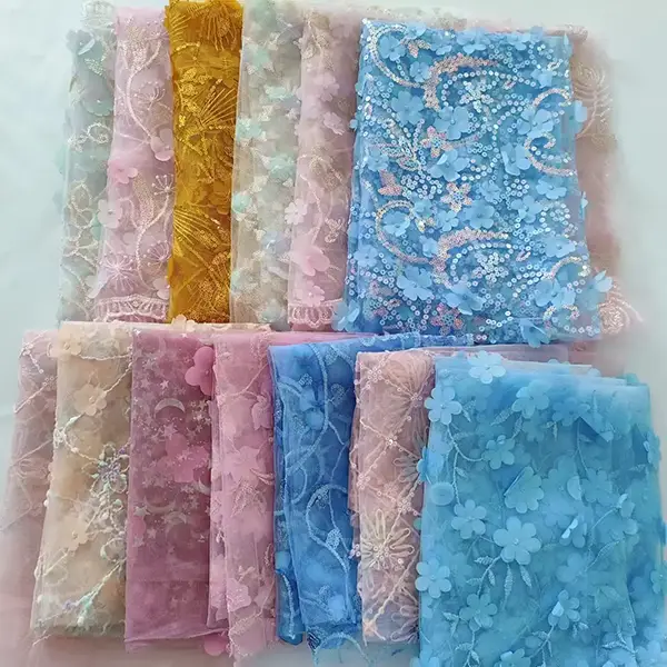 Custom Luxury Heavy Made Embroidery Tulle Beads Lace Mesh Beaded Fabric