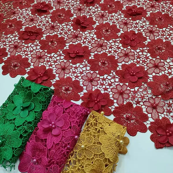 3d Flower Water Soluble Lace Fabric Embroidered Bead Guipure Lace Fabric
