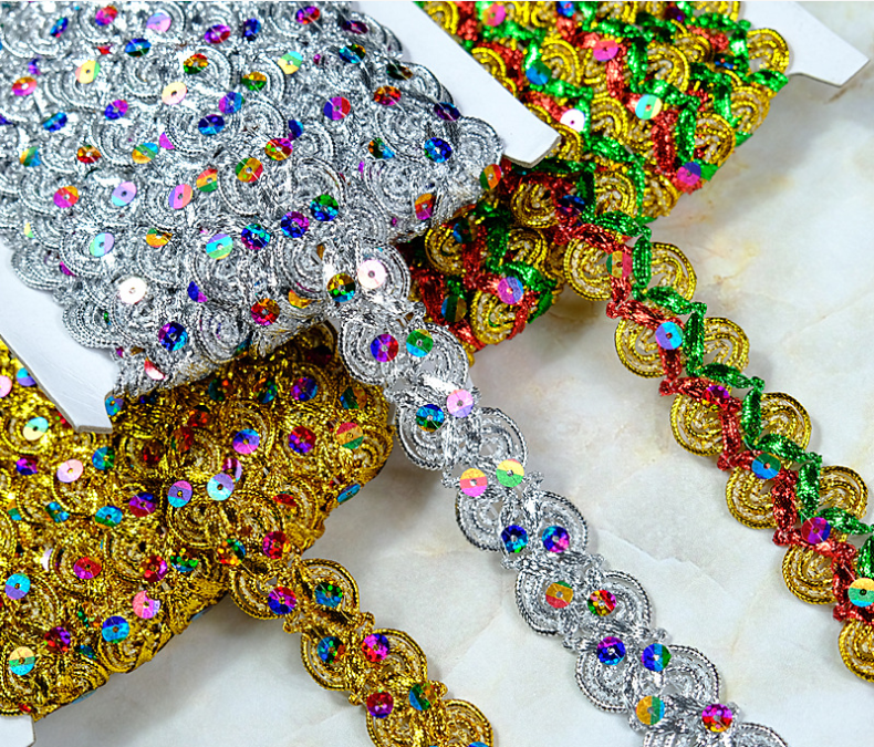 Giyim Aksesuarları Altın ve Gümüş Metalik Sınır Dantel Trim Metalik Altın Pullar Nakış Tatting Dantel Trim