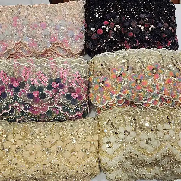 3D Mesh Çiçekli Çok Renkli İşlemeli Dantel Şerit Boncuklu Tüp Barkod Nakış Danteli