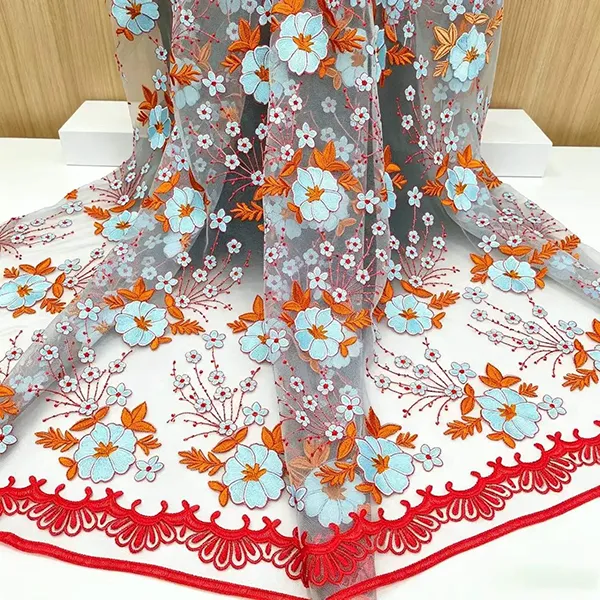Elbiseler için Vintage Çok Renkli Nakış Örgü Dantel Kumaş